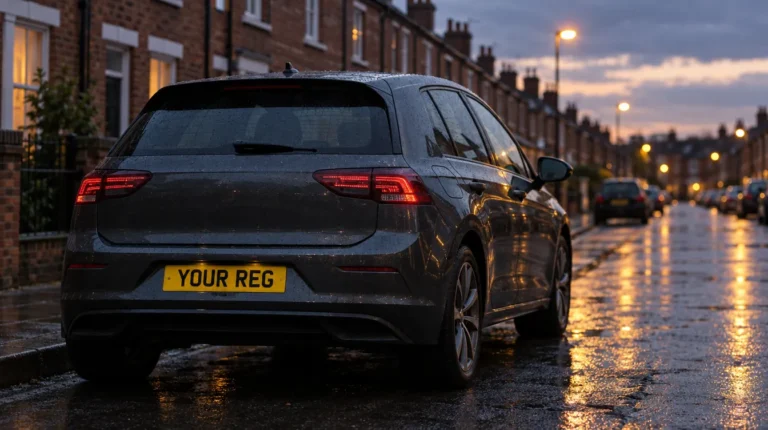 Grey hatchback on a wet British street at dusk with a yellow rear plate
