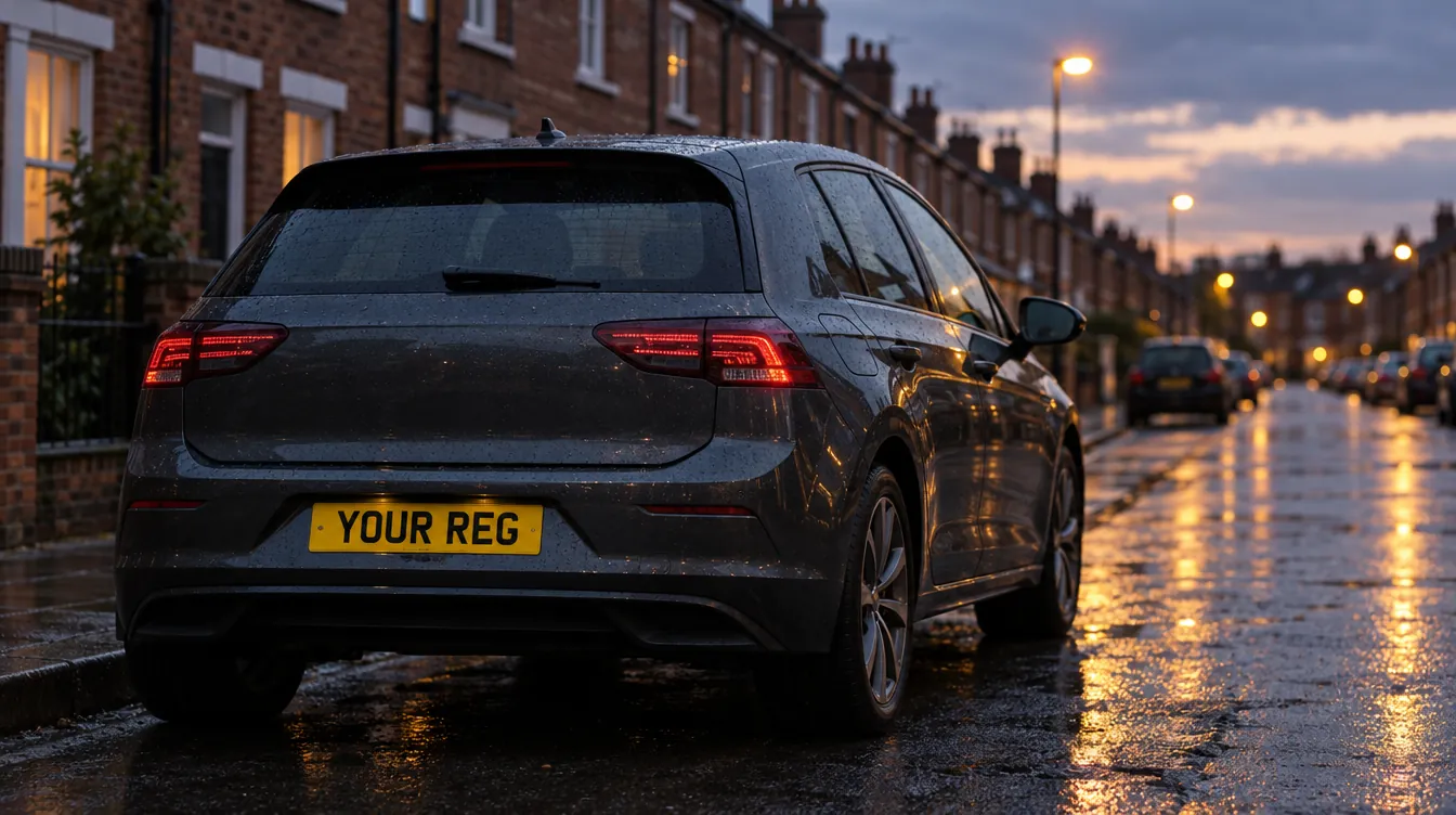 Grey hatchback on a wet British street at dusk with a yellow rear plate
