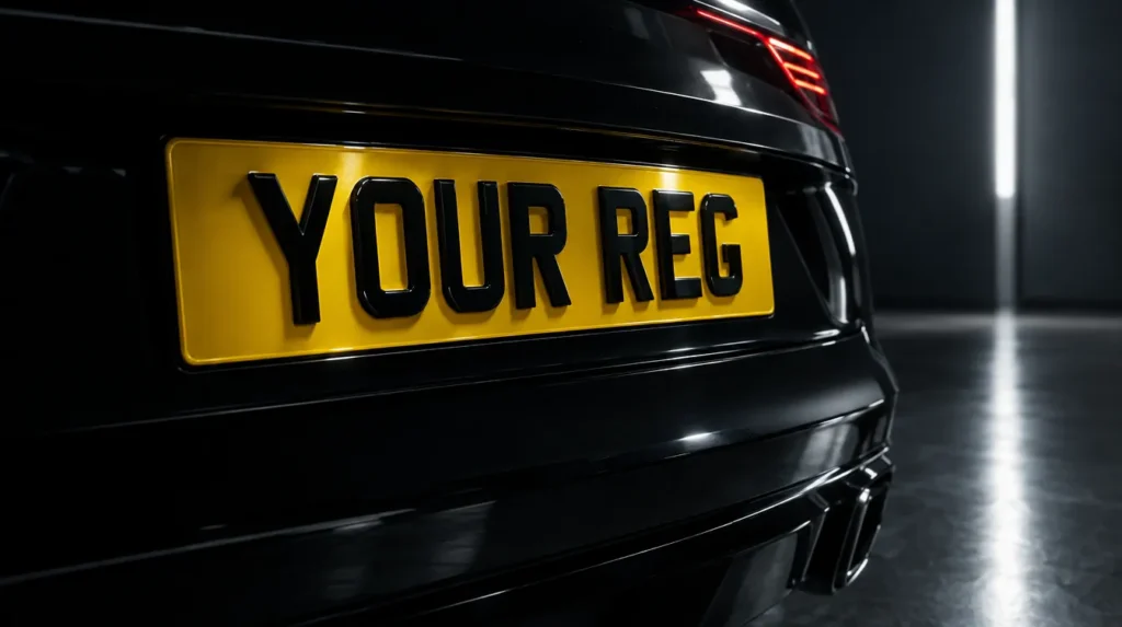 Close-up of a yellow 4D number plate with raised black characters on a black car