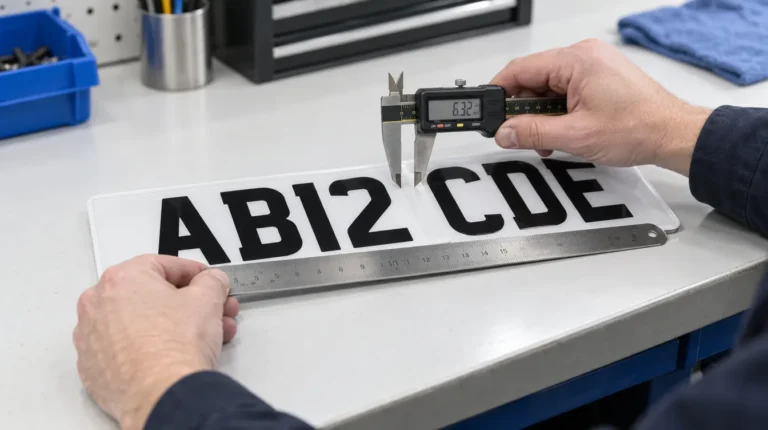 Technician measuring the gap between characters on a number plate with calipers