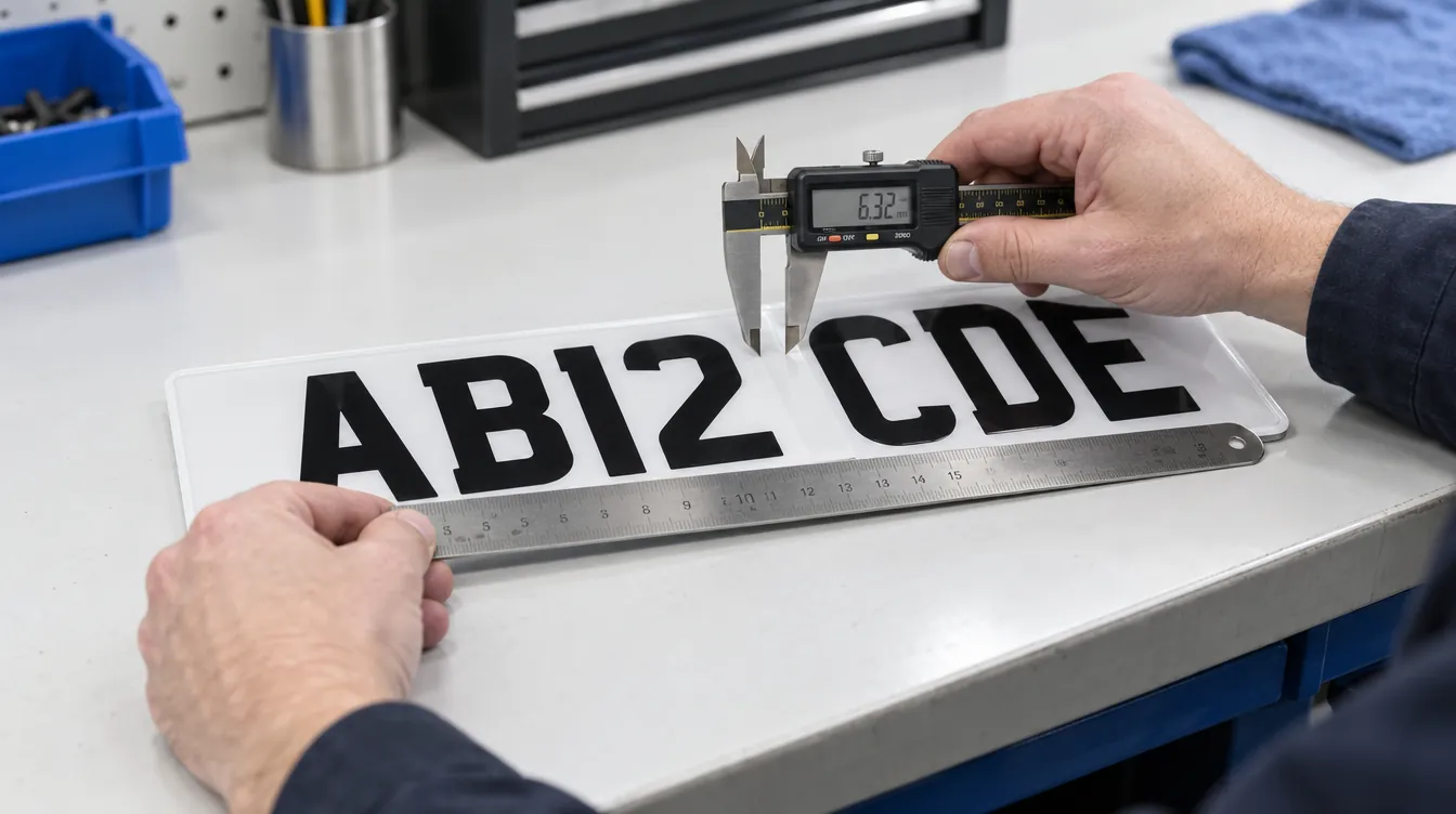 Technician measuring the gap between characters on a number plate with calipers