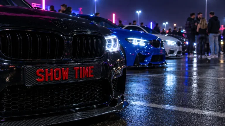 Car meet at night with a carbon show plate reading SHOW TIME