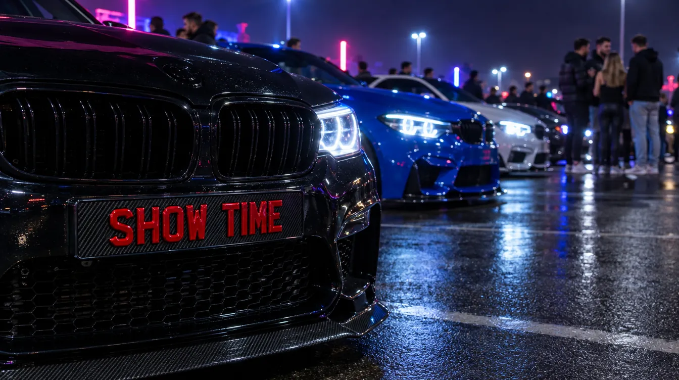 Car meet at night with a carbon show plate reading SHOW TIME
