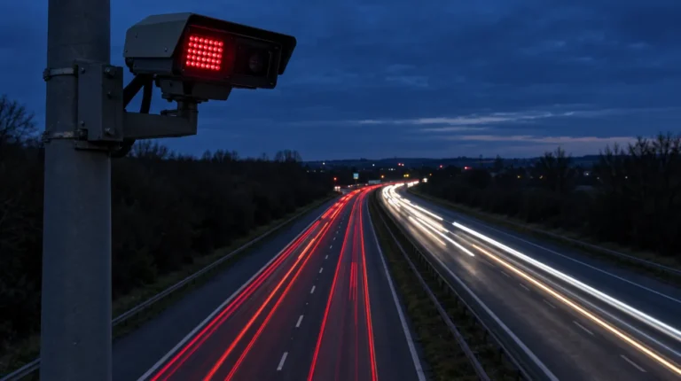 ANPR traffic camera above a dual carriageway at night with light trails