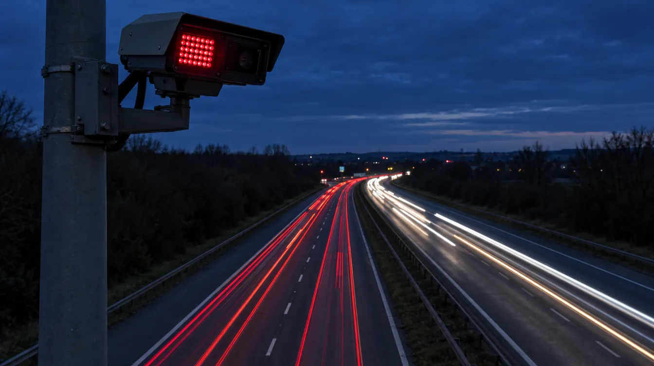 ANPR traffic camera above a dual carriageway at night with light trails