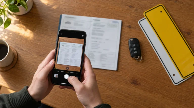 Hands photographing a vehicle logbook with a phone next to new number plates