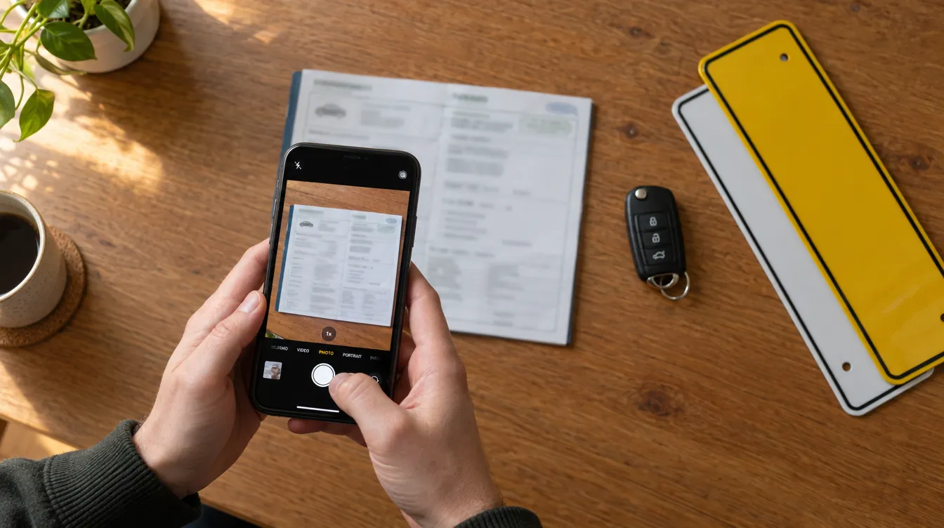 Hands photographing a vehicle logbook with a phone next to new number plates
