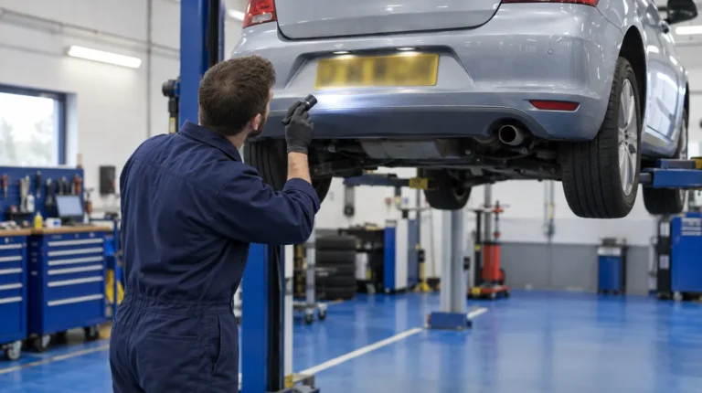 Mechanic inspecting a car on a lift in an MOT garage