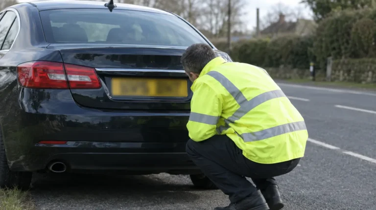 Officer in a high-visibility jacket inspecting a car rear number plate