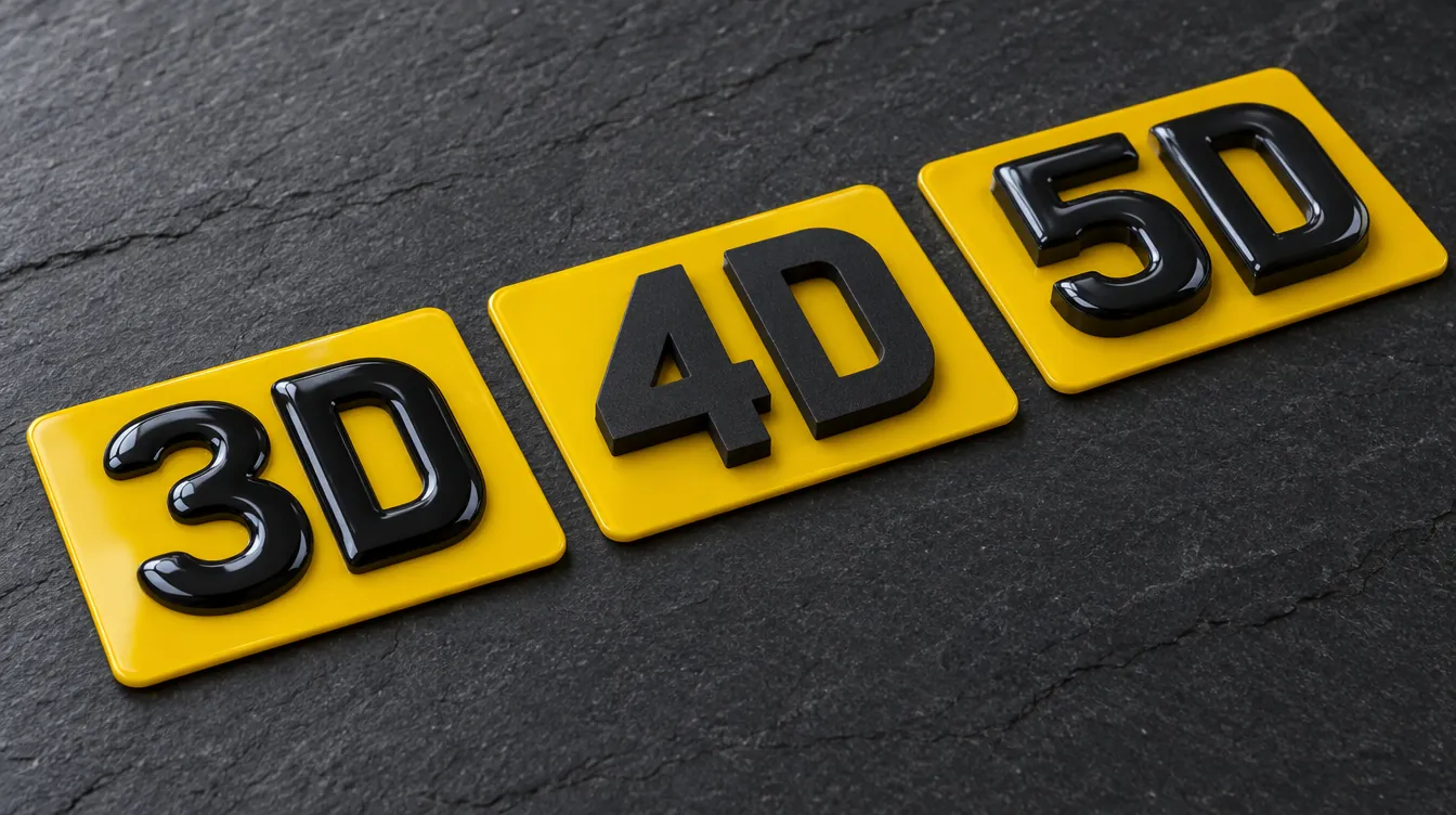 Three yellow plate samples reading 3D, 4D and 5D on slate