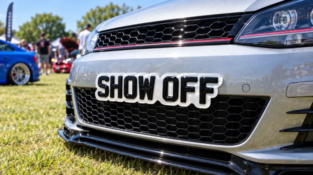 Bubble show plate on a hot hatch grille at a car show
