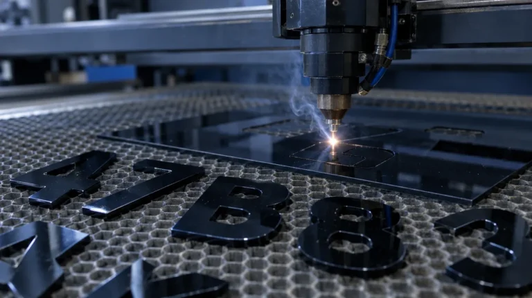 Laser cutter cutting black acrylic number plate characters