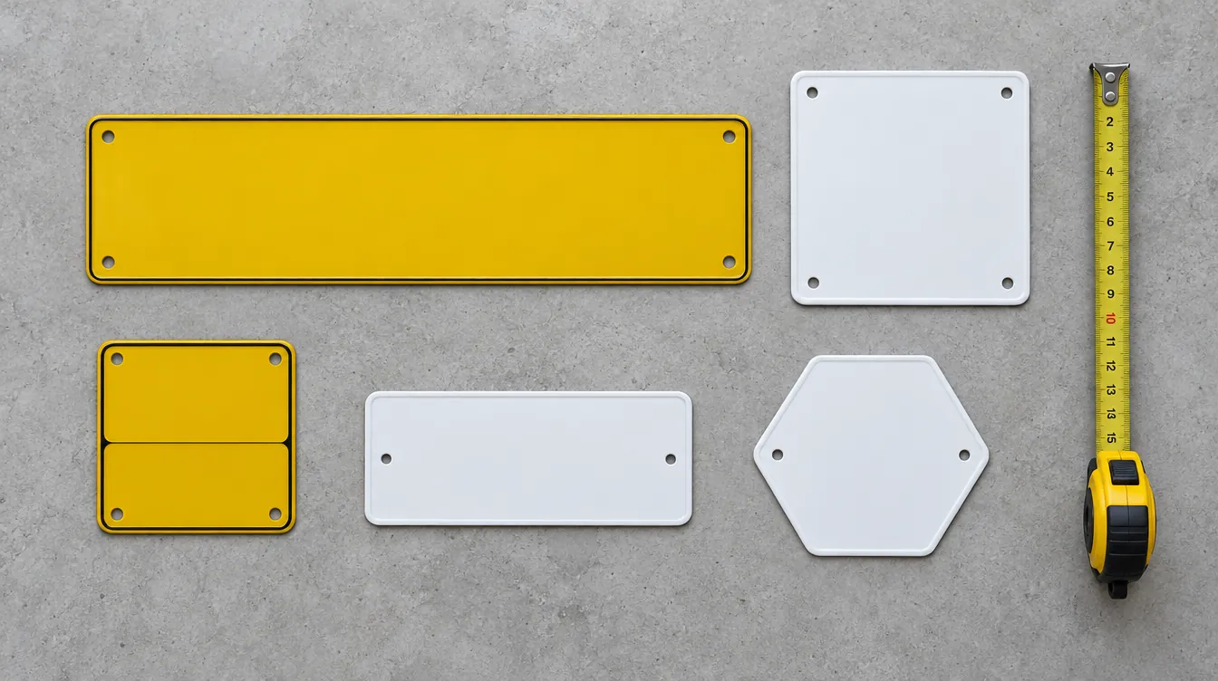 Blank number plates of different sizes and shapes with a tape measure