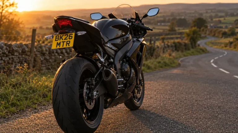 Black sports motorcycle on a country road with a two-line rear plate