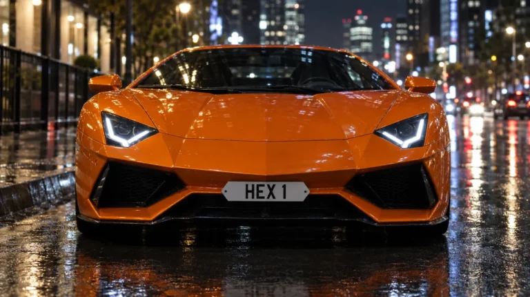 Orange supercar at night with a short hex number plate reading HEX 1