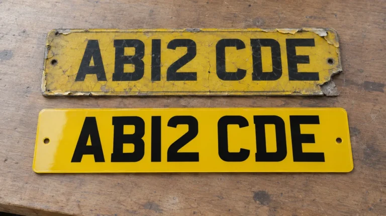 Cracked faded number plate next to a new replacement
