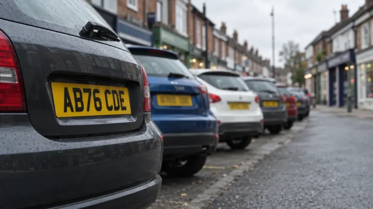 Row of parked cars with the nearest plate reading AB76 CDE