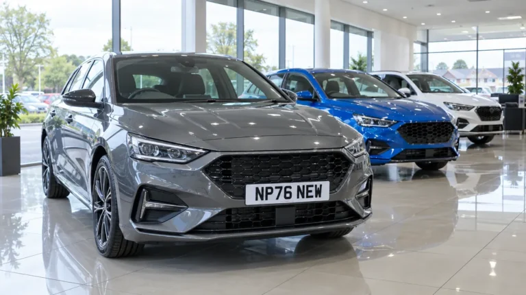 New car in a showroom with a front plate reading NP76 NEW