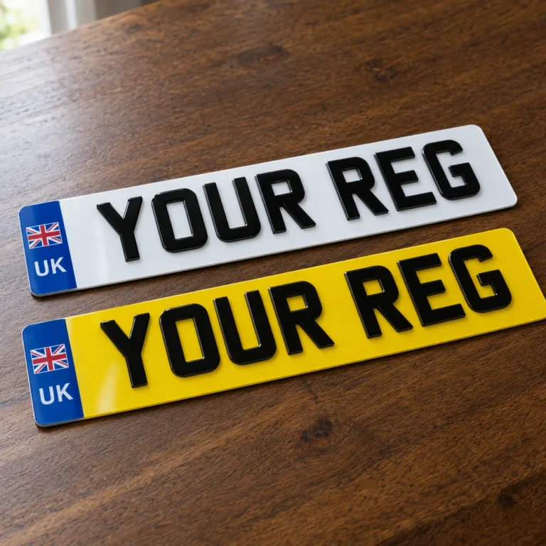 Pair of white and yellow number plates reading YOUR REG with raised 4D characters and UK badges