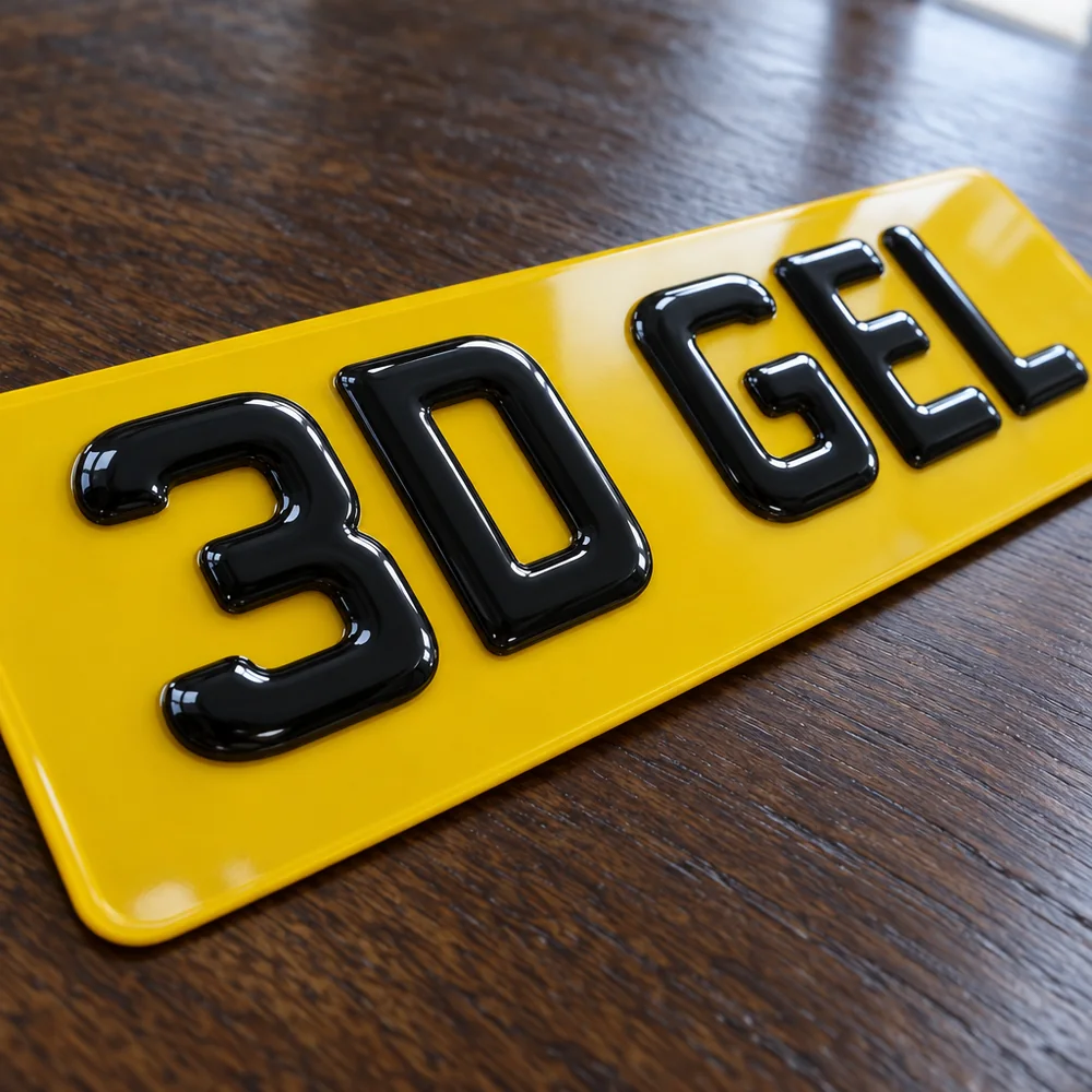Yellow number plate with glossy domed 3D gel characters reading 3D GEL