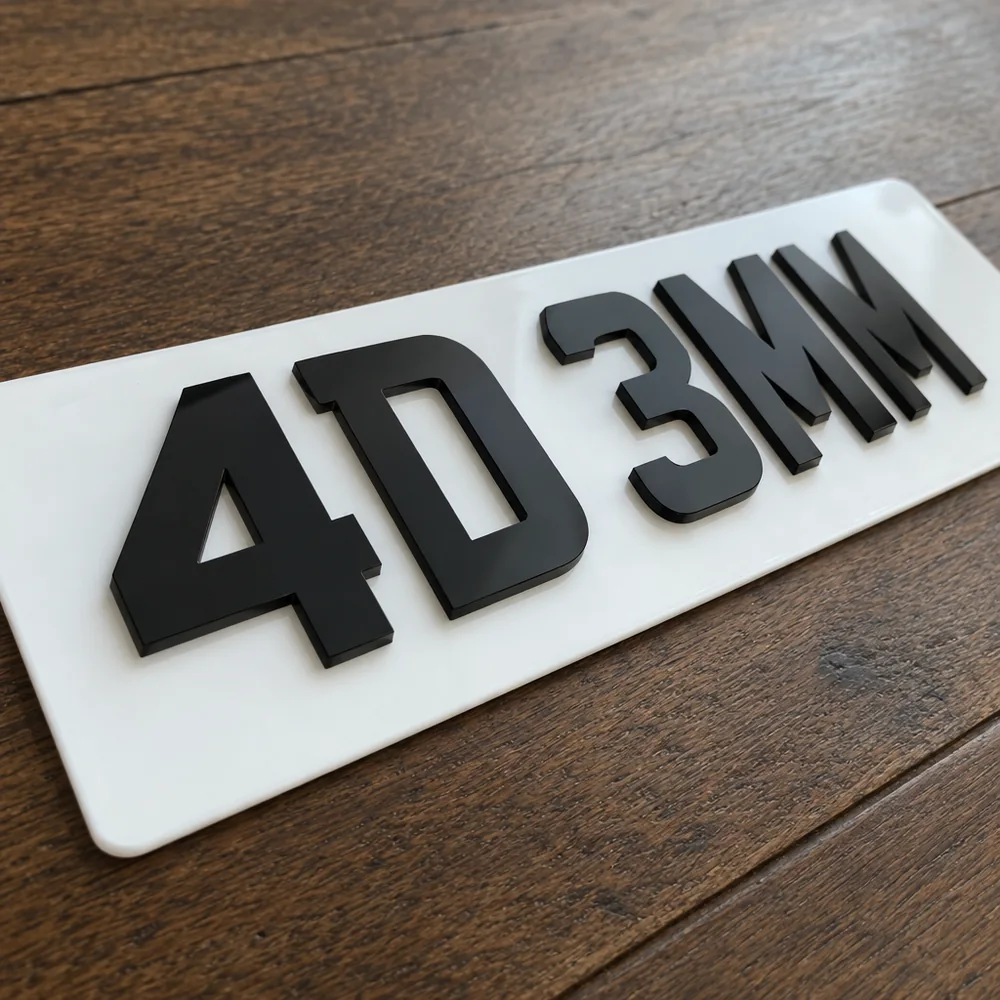 White number plate with raised 3mm 4D acrylic characters reading 4D 3MM