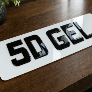 White number plate with gel-topped 4D characters reading 5D GEL