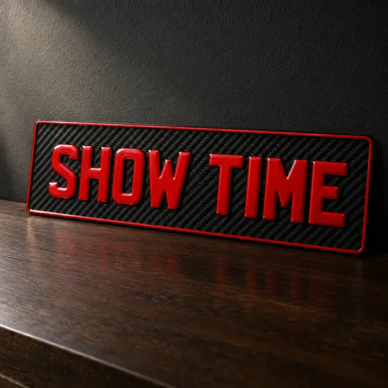 Carbon fibre show plate with glossy red characters reading SHOW TIME
