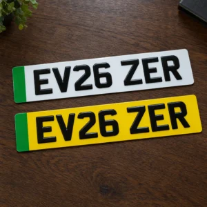 White and yellow number plates with green flash reading EV26 ZER