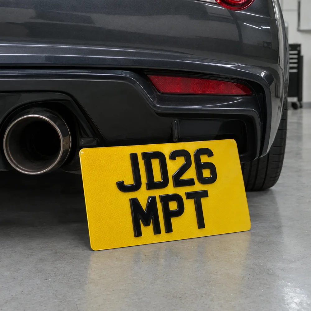 Two-line yellow import number plate reading JD26 MPT leaning against a sports car