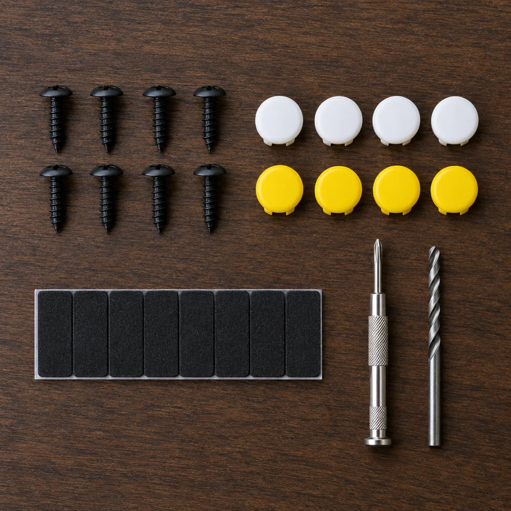 Number plate fitting kit with screws, caps, sticky pads and screwdriver
