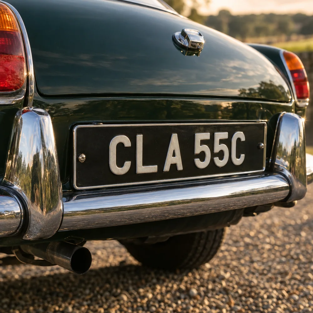 Black and silver number plate reading CLA 55C on a classic green sports car